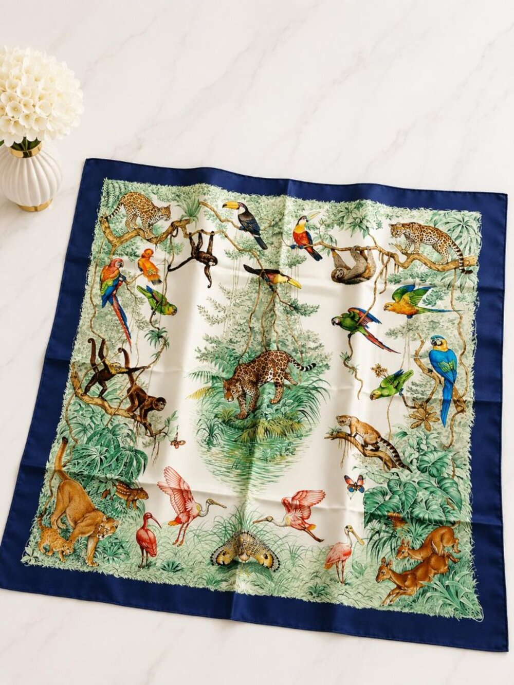 Authentic Hermès Equateur Carré 90 Silk Scarf Blue Jungle Wildlife